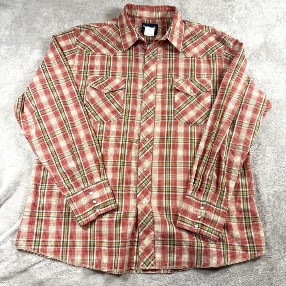 Vintage Wrangler Shirt Mens XL Red Plaid Pearl Snap Western Rodeo Cowboy Rancher